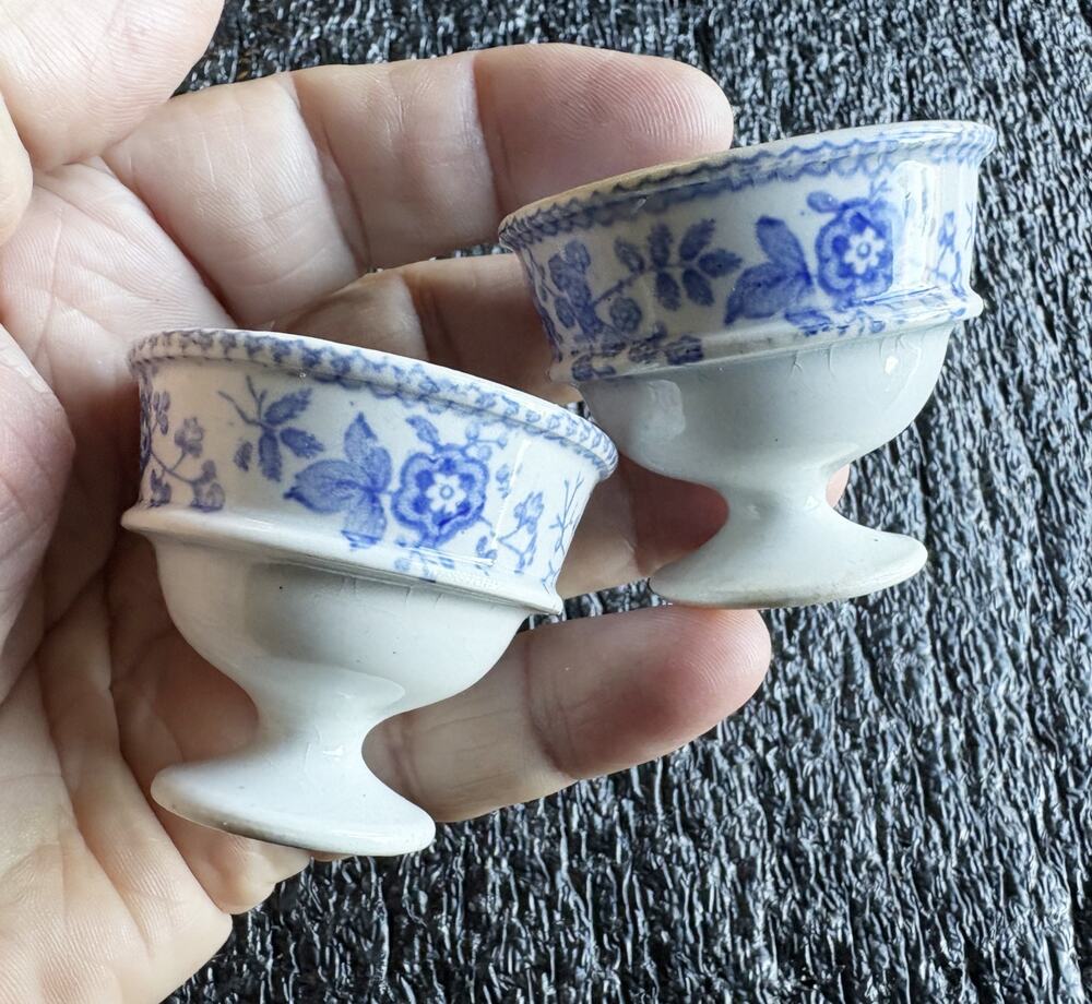 Whieldon Ware Egg Cups Delicate Blue Floral Color Matching Pair B3